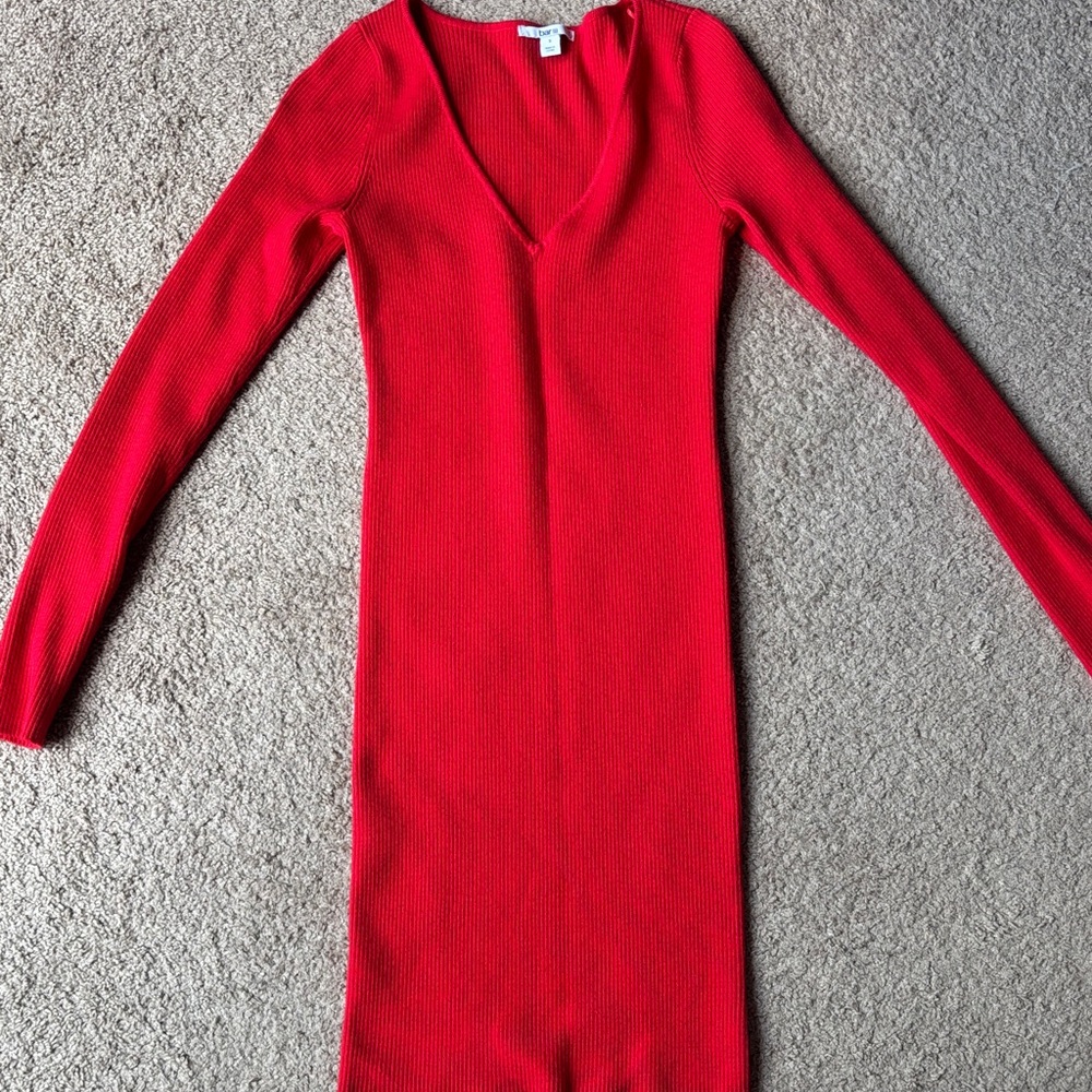 Red V-Neck Long Sleeve Sweater Dress